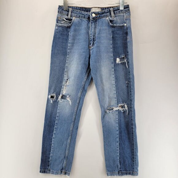 Free People Jeans Womens 27 Two Tone Straight Leg Crop Distressed Hippie Boho